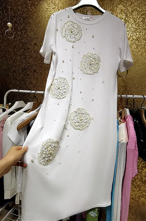 Fairy Pearls Diamonds Beaded Floral Long T-Shirts Dress Shining Rhinestones 3D Big Flowers Long Tees Dress Sequins Dress Vestido