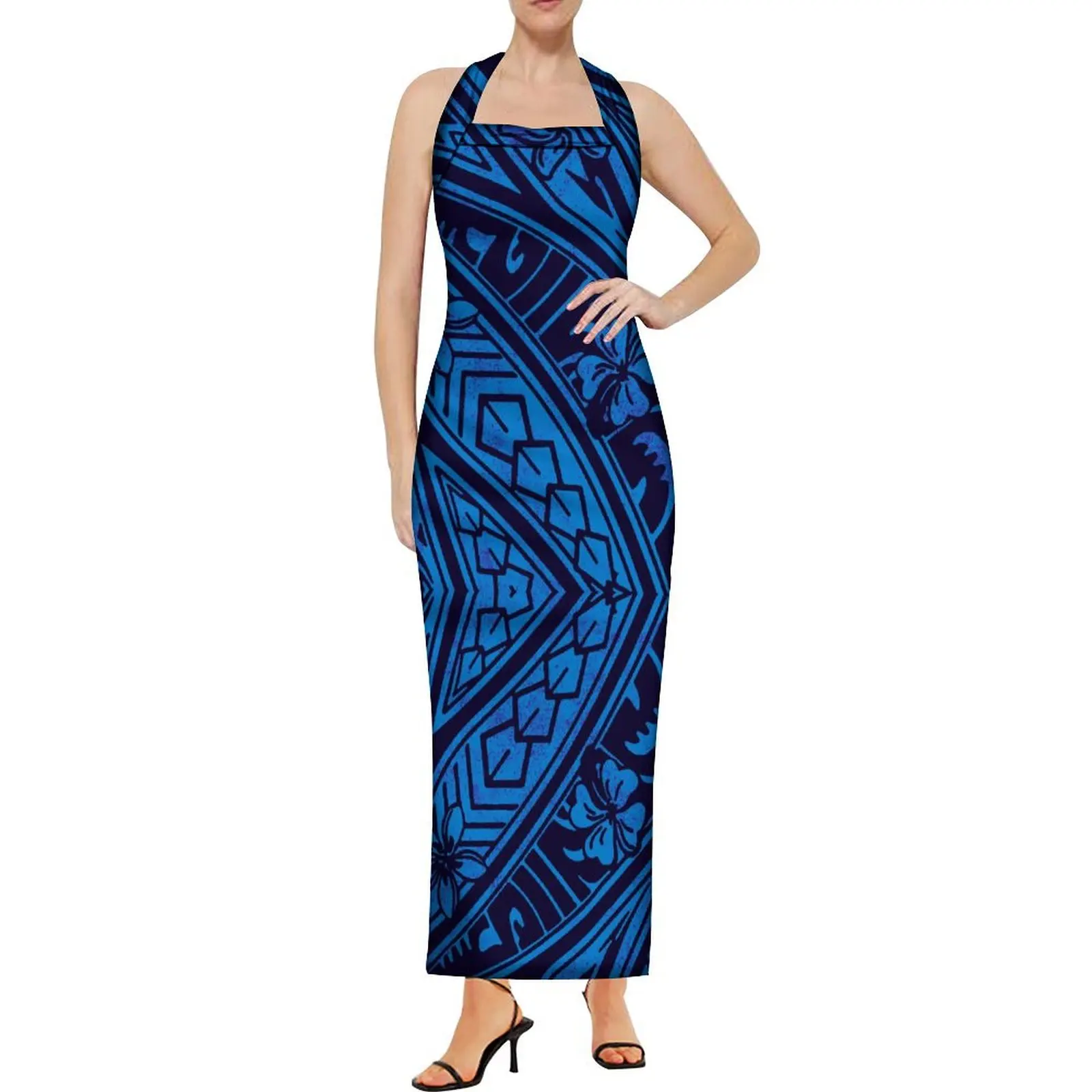 2024 New Design Island Floral Print Summer Women Slim Dress Pacific Strapless Halter Halter Style Polynesian Maxi Dress