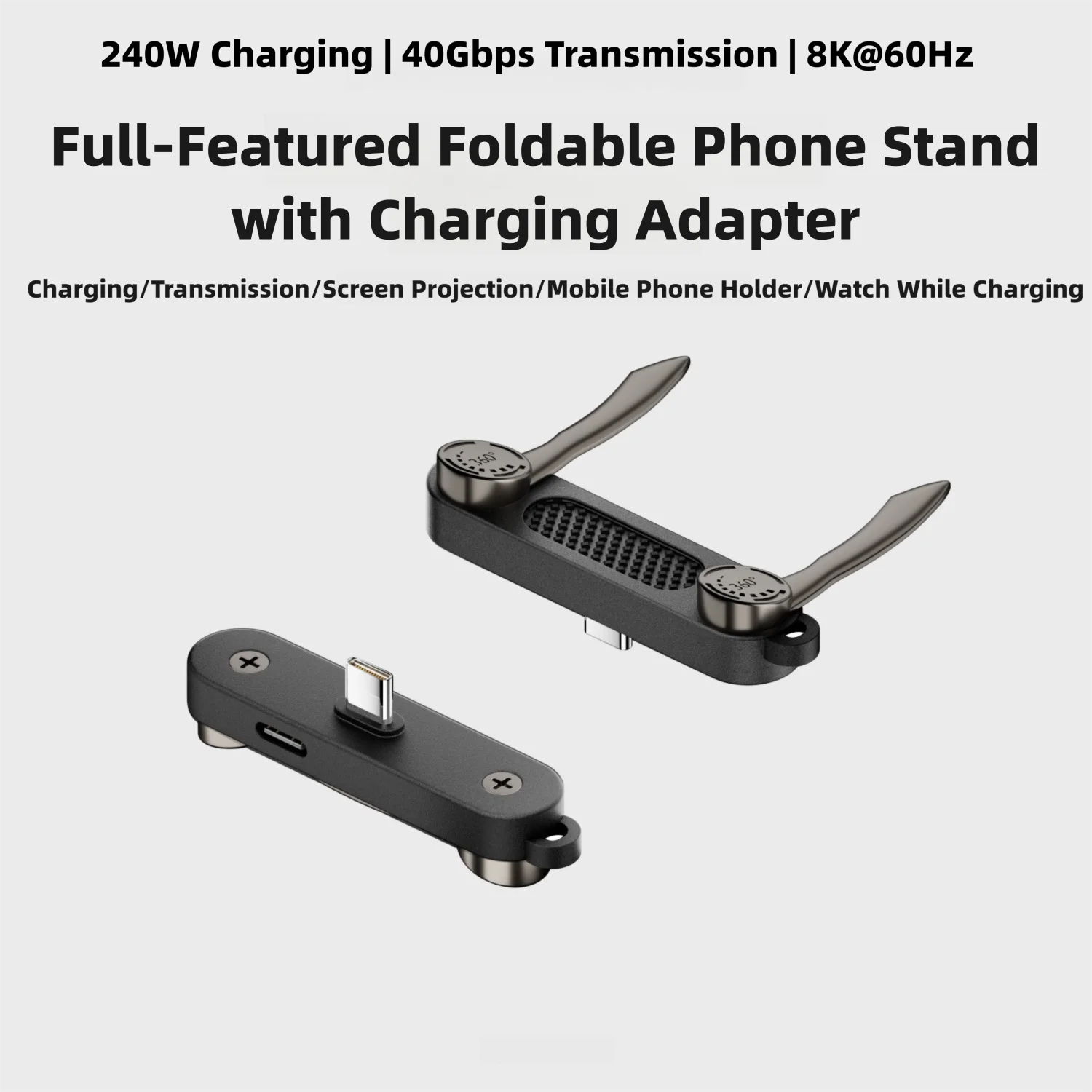 240W Type-C to Type-C Adapter Foldable Phone Stand Holder Fast Charging 40Gbps 8K@60Hz Video USB-C Charging Bracket Converter