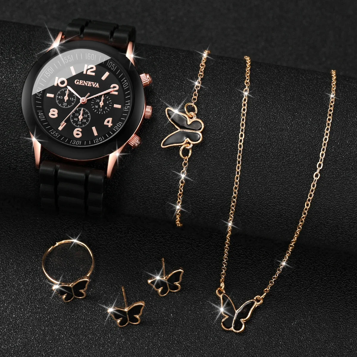 Mulheres Relógio Quartzo de Genebra, Pulseira de Silicone, Conjunto de Jóias Borboleta sem Caixa, Fashion, 5 peças por conjunto