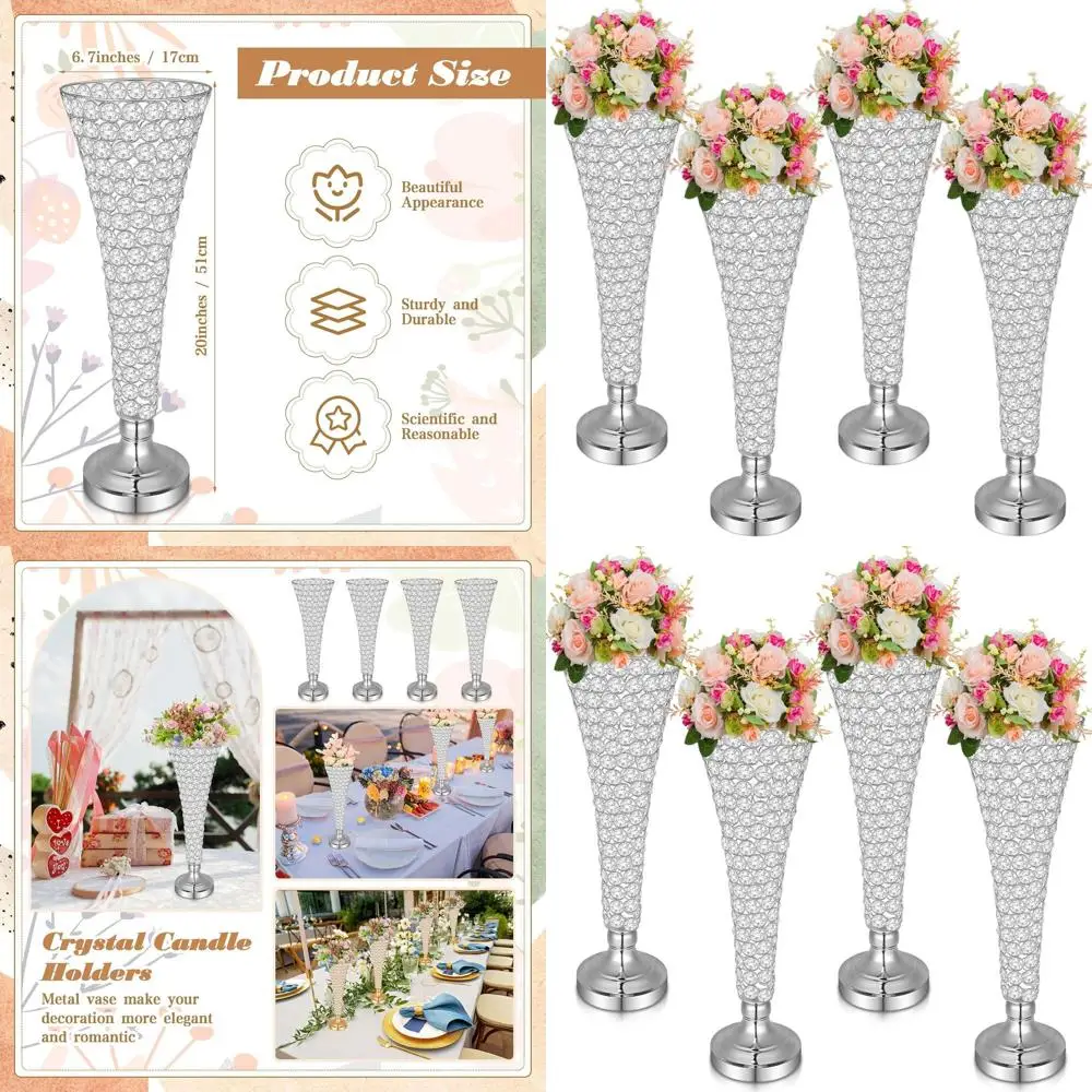 

20 Inch Tall Crystal Trumpet Vases for Wedding and Holiday Centerpieces, Silver Elegant Floor Stands