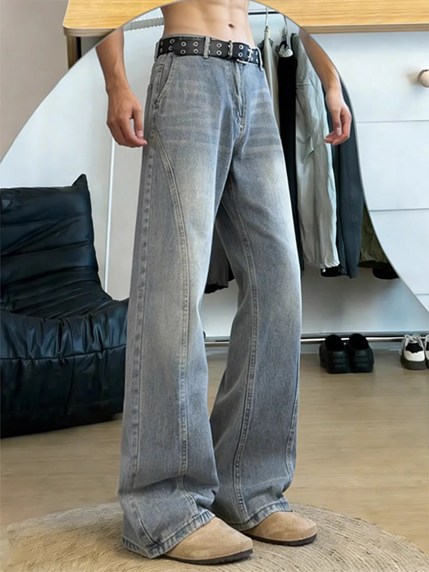 

Retro Blue Fleece Lined Flared Straight Cut Men's Jeans Winter Comfortable Straight Loose Fit Youthful Style Water Washed