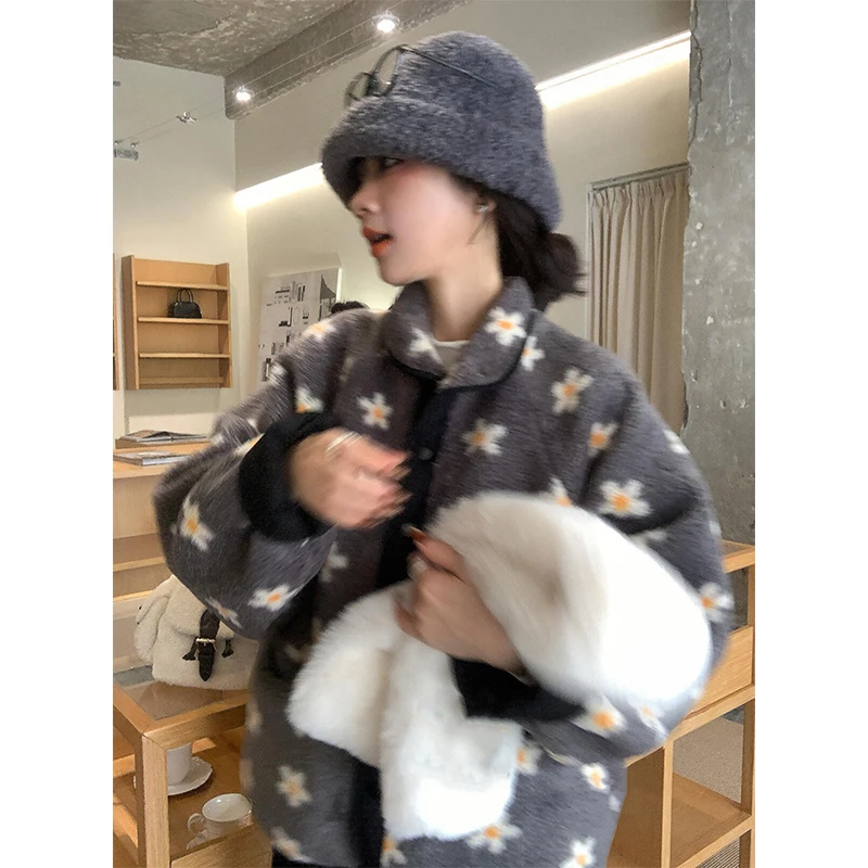 เสื้อโค้ทขนแกะลายดอกไม้ MEXZT สำหรับผู้หญิง สไตล์วินเทจ แขนยาว แจ็คเก็ตขนฟู ฤดูหนาว ฮาราจูกุ เกาหลี คิวท์คอร์ มีกระเป๋า เสื้อคลุมขนสัตว์ ใหม่