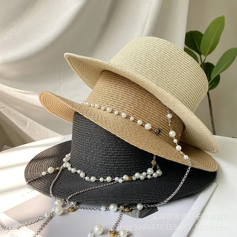 French Vintage Pearl Chain Straw Boater Hat Women Summer Wide Brim UV Protection Elegant Sun Visor Adjustable