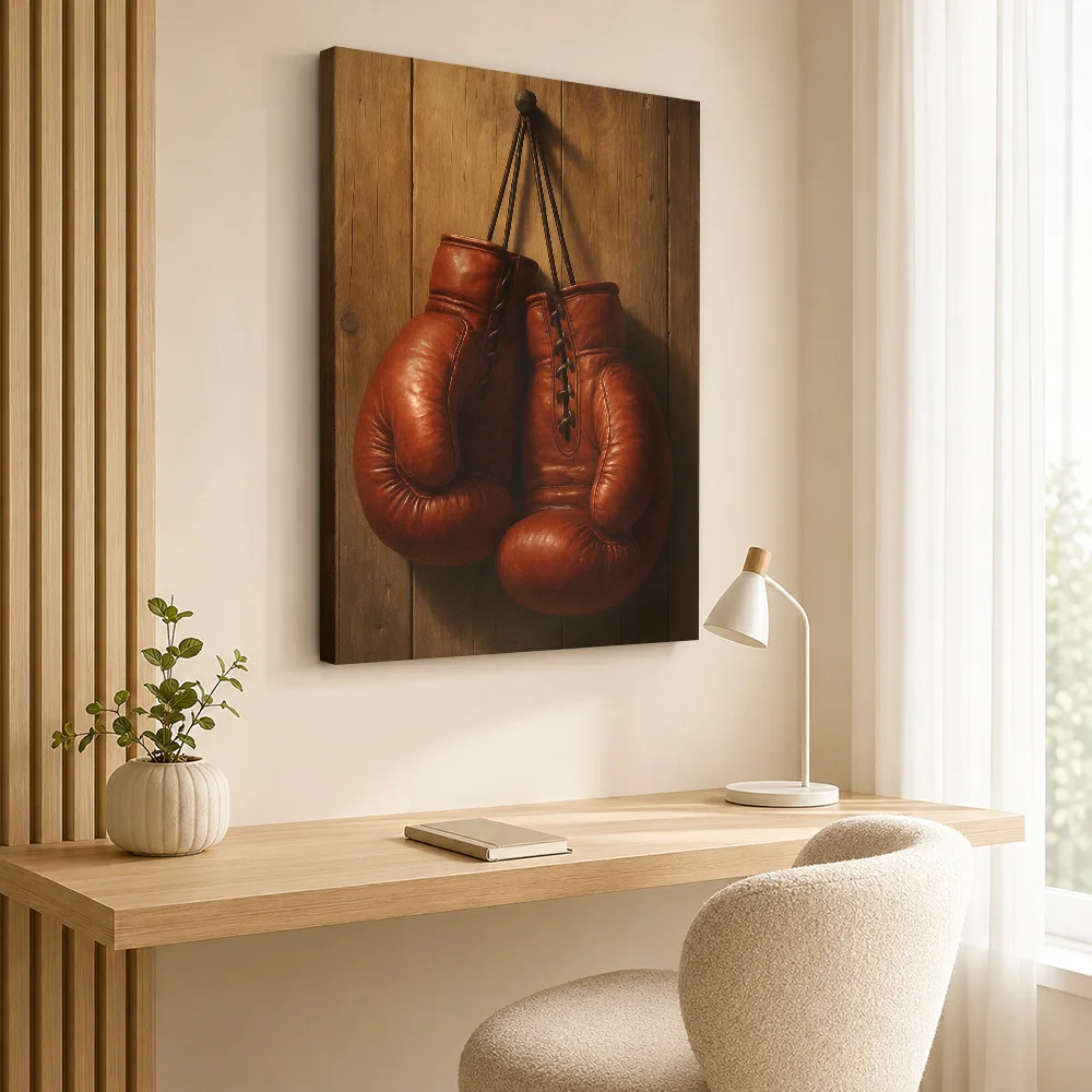 Hanging Red Boxing Gloves Canvas Poster Modern Athletic Style Wall Decor With Personalized Photo For Man Cave Ideal Coach Gift