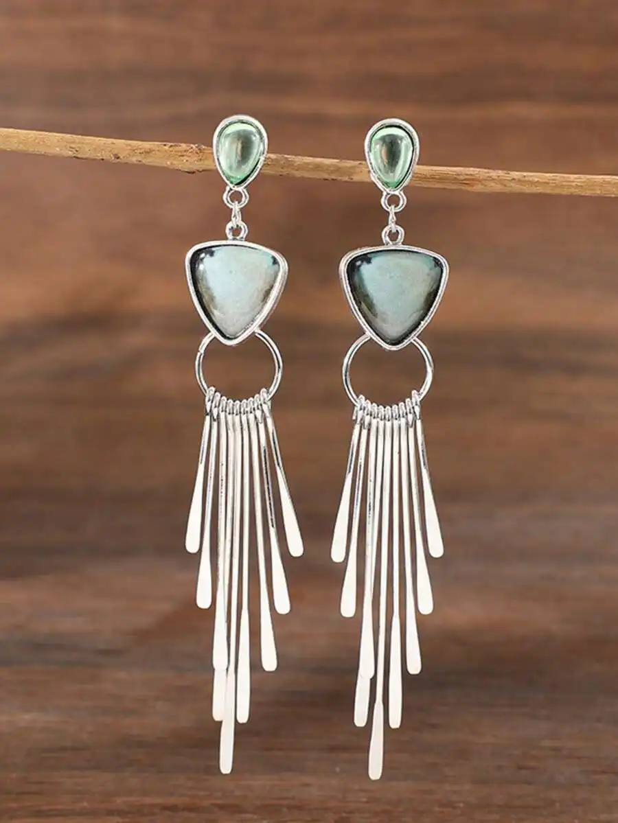 1 Pair Bohemian Style Long Tassel Triangle Resin Inlaid Water Drop Synthetic Gemstone Alloy Dangle Earrings