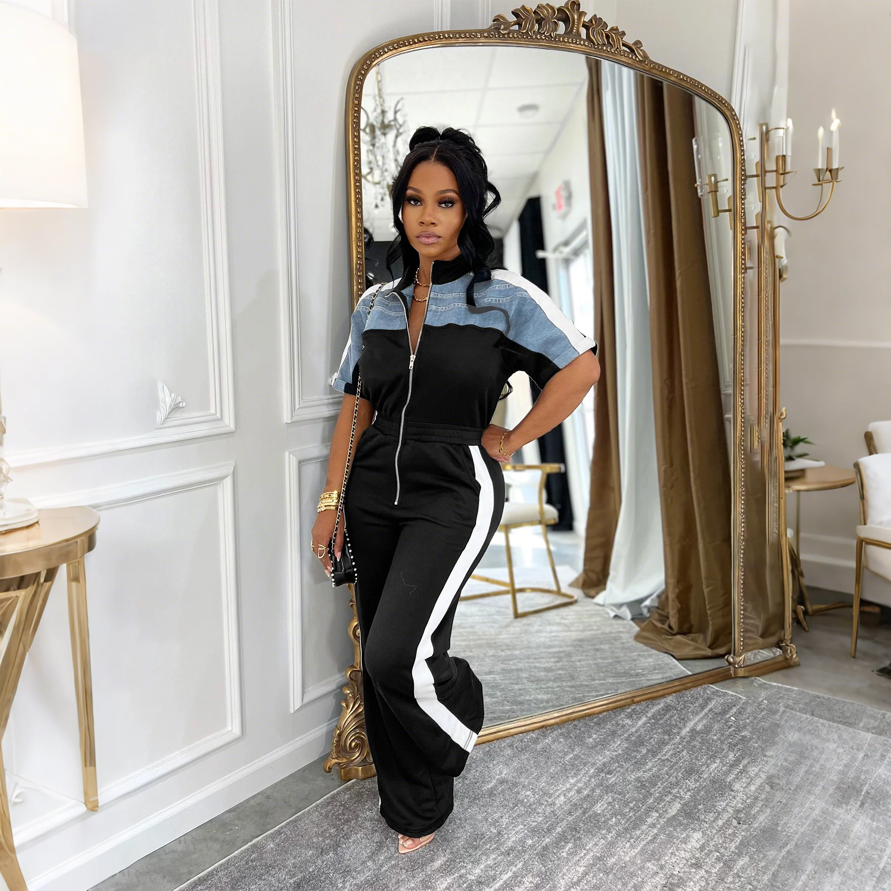 TW635 Summer new women's contrasting color stand-up collar zipper jumpsuit Denim patchwork high-end commuting slimming jumpsuit