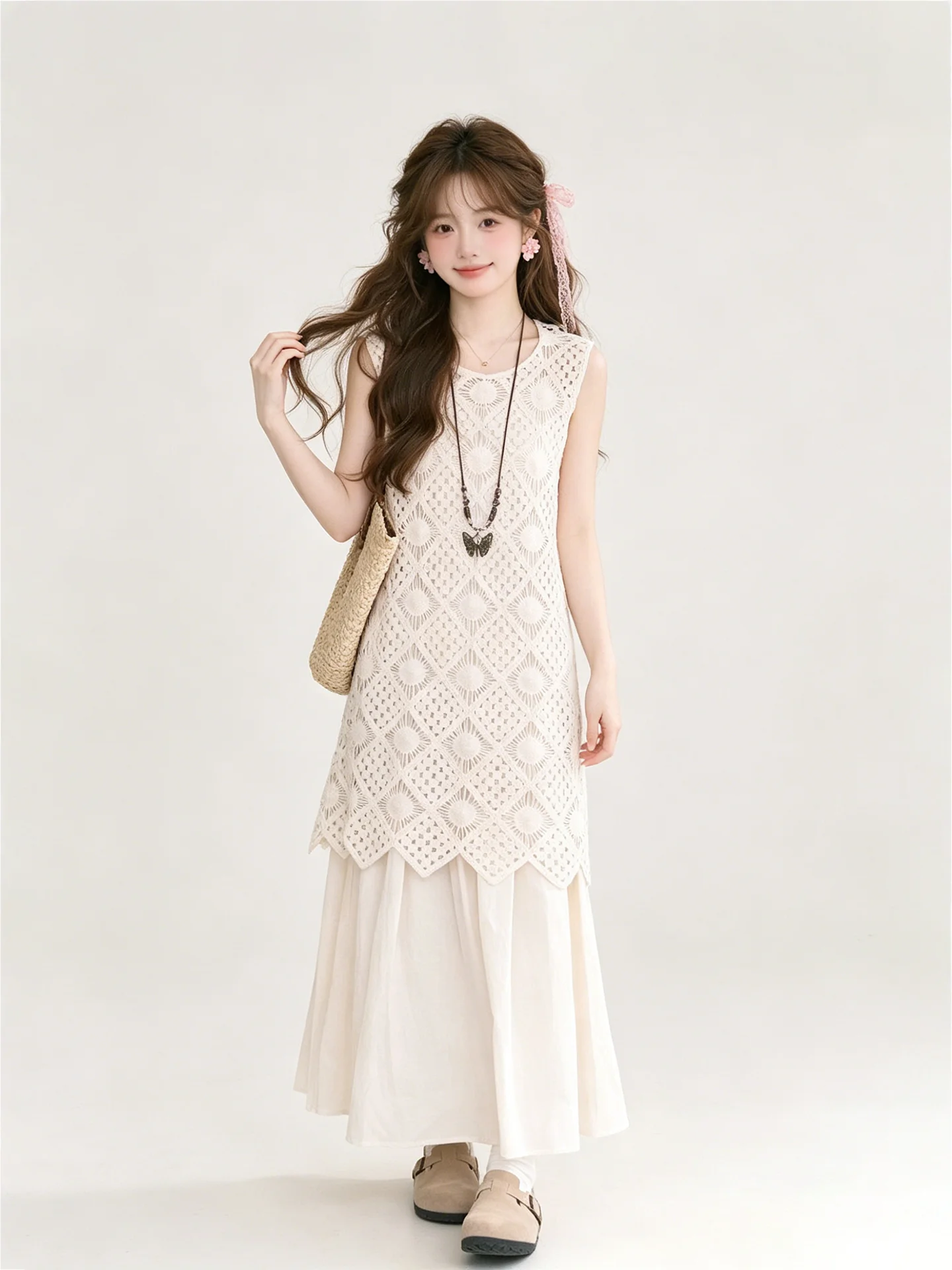 

Bohemian Holiday Style Women's Summer Set Hollow out Cover up Vest Skirt Layering Strap Dress Breathable Lightweight Casual Wear