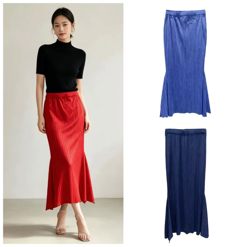Miyake Pleated Fishtail Midi Skirt Women 2026 Summer New High Waist Fold Jupe Draped Irregular Pleats Bodycon Skirt Solid Color