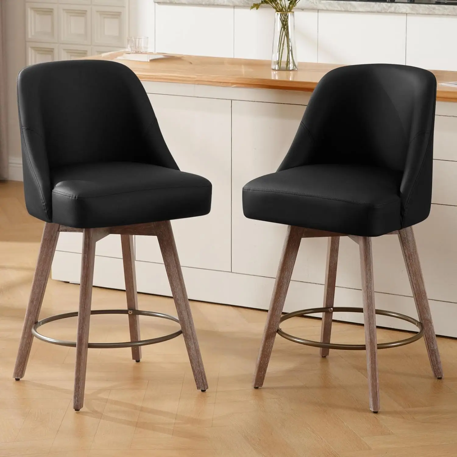 

Counter Height Bar Stools Set of 2, Mid-Century Swivel Bar Chairs with Backs and Beech Wood Legs, 26 Inch Seat Height , Black