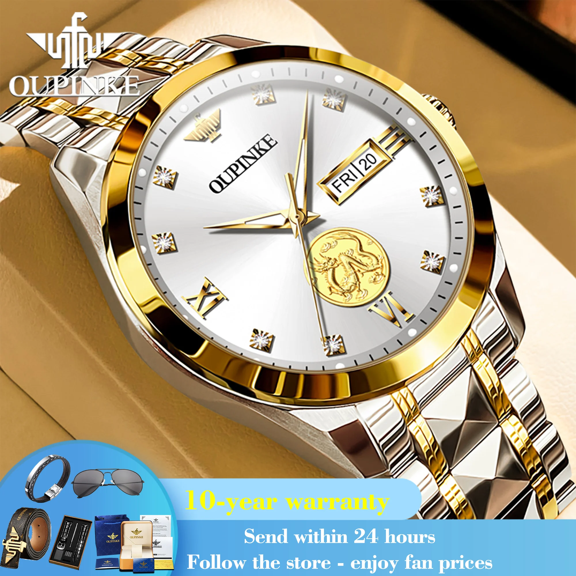 OUPINKE 3259 Real Gold Dual Calendar Automatic Watch For Men Luxury Waterproof Wristwatch Top Brand Fashion Mechanical Man Watch