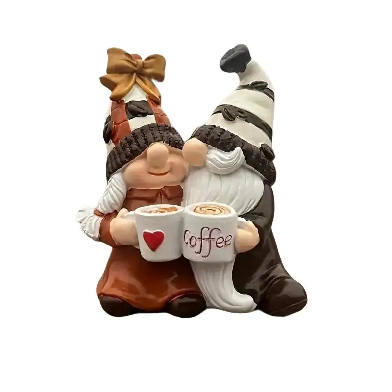 A statue of a romantic dwarf couple embracing while holding coffee, full of love, can be used to decorate various rooms.