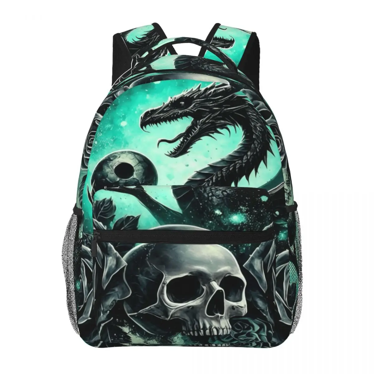 School Backpack Center Dragon Skull Black Roses Ravens Dark Gothic Teal Green Black Gray Streetwear Bookbag for Teens College