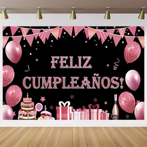 Imagen 2 del producto Tema de cumpleaños español Feliz cumpleaños Rosa oro brillante globo rosa fiesta Deco bebé bautismo fondo de celebración de adultos