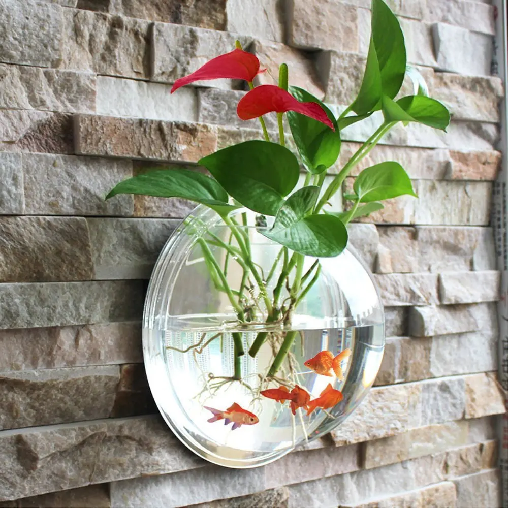 Transparent wall hanging vase hydroponic flower pot creative wall acrylic goldfish tank half round cover hanging plastic vase