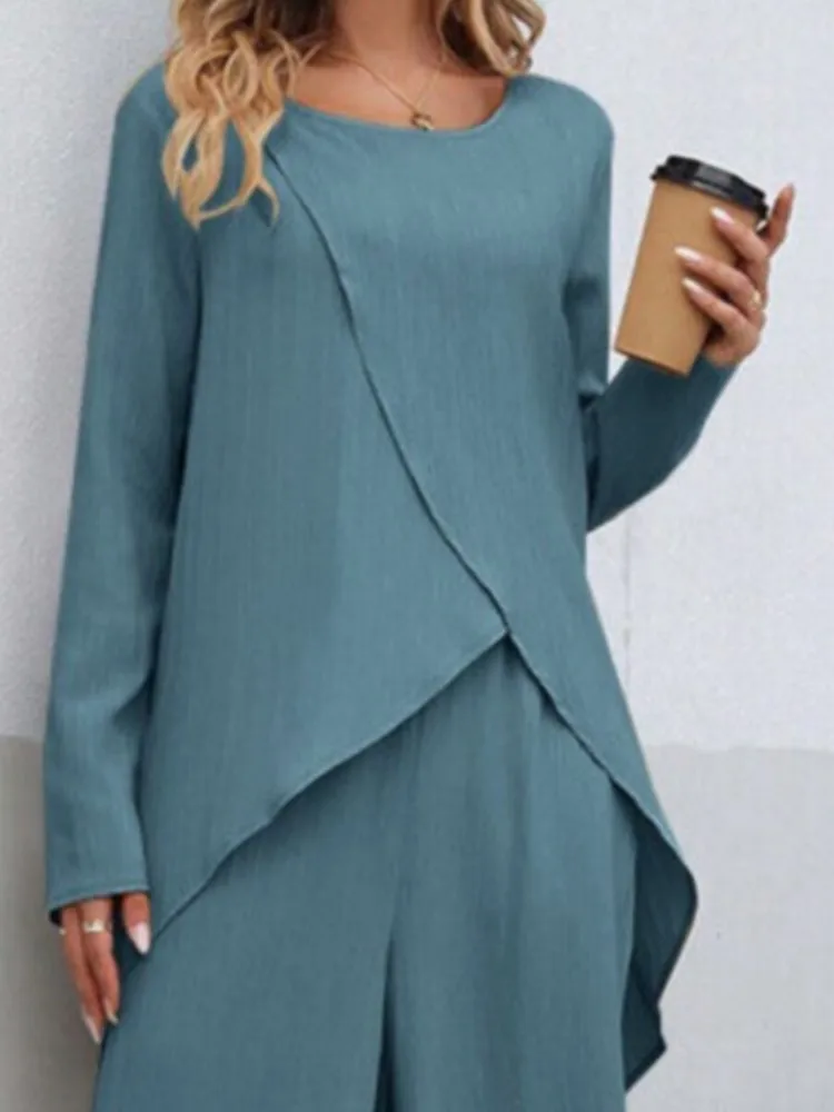 

Fashion Pants Sets Long Sleeve Irregular Hem Tops Women Autumn New Solid Color Leisure Waist Wide Leg Pants Female 2 Piece Set