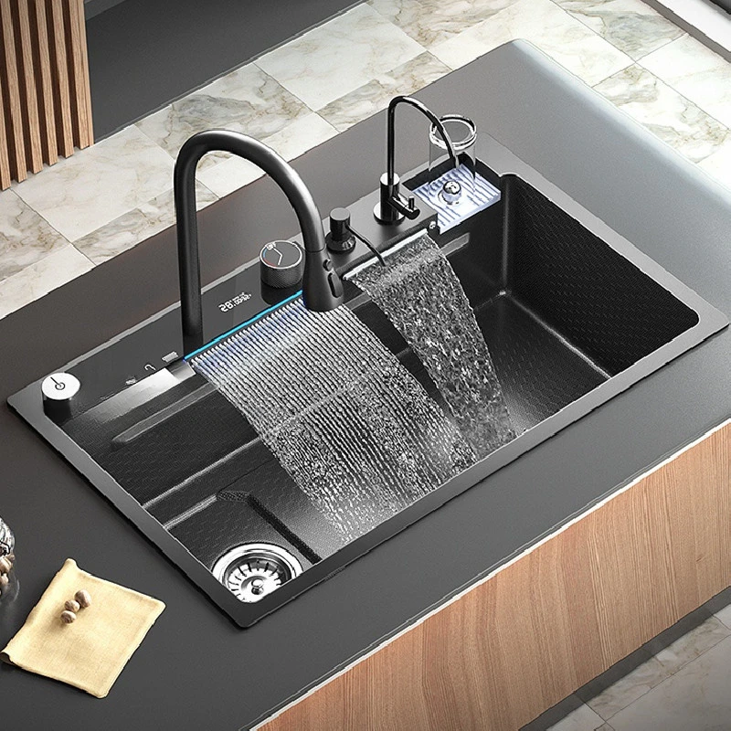 New Waterfall Kitchen Sink Stainless Steel Digital Display Large Single-Slot Multifunctional Kitchen Sinks with Two Waterfall