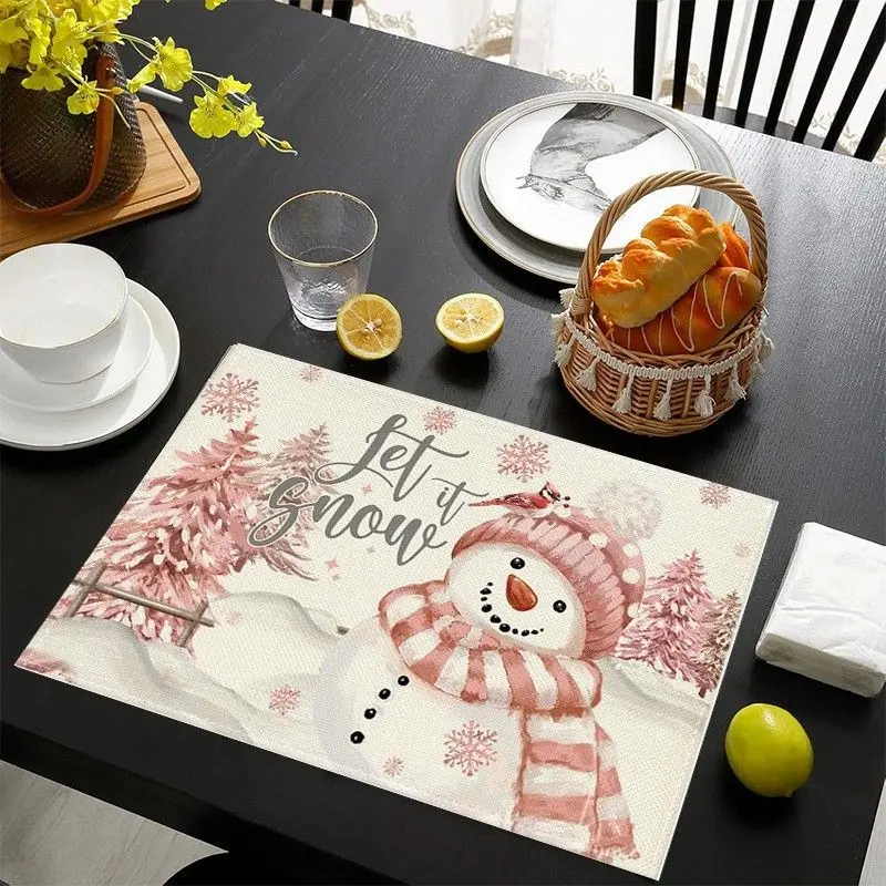 VIKAMA Pink Lace Snowflake Christmas Mat Waterproof and Insulated Table Mat Holiday Party Home Restaurant Table Decoration Mat
