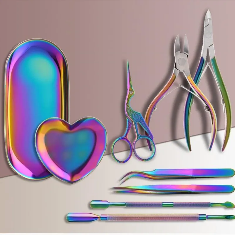 Rainbow Nail Clipper Set Nail Art Manicure Tool Household Stainless Steel Tweezer Pusher Dead Skin Shears Gift Box Nail Tool