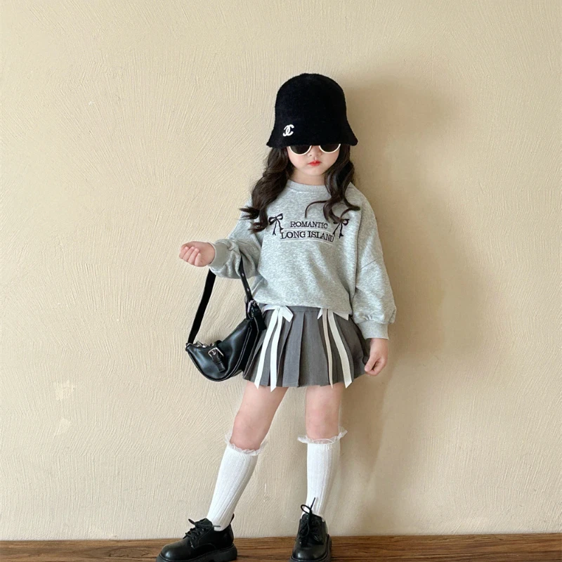 

Girl Sweater 2024 Autumn New Western Style Bow Leisure Korean Sweet Loose Top Active Kids