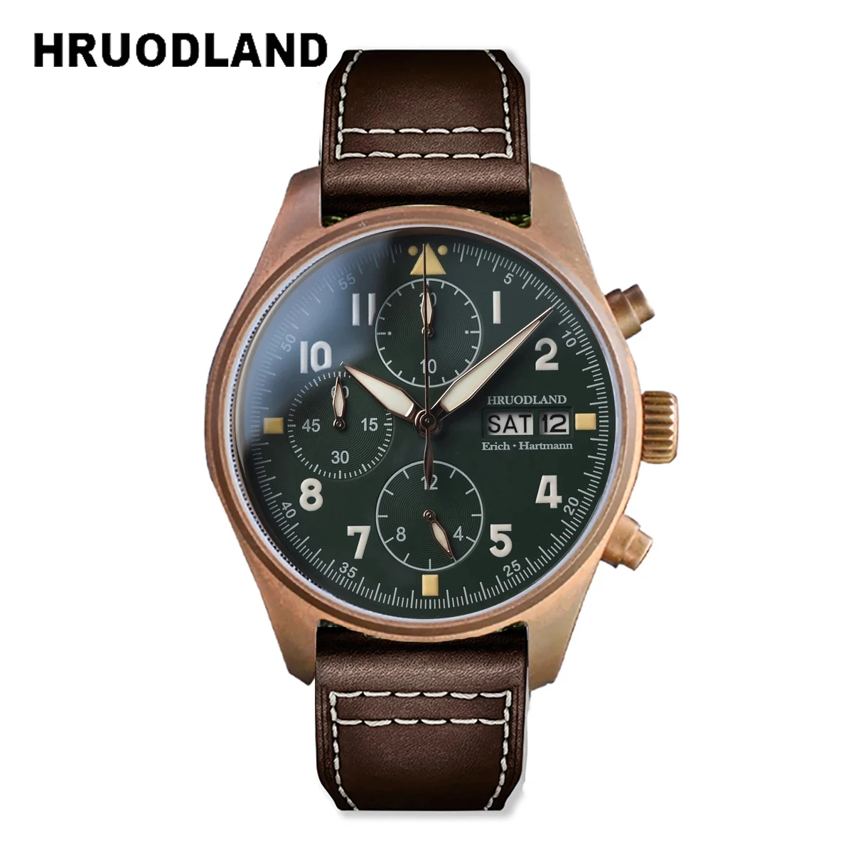 Hruodland 2024 Solid Bronze Multifunction Quartz Men‘’s Watches F007Q 6S00 Leather waterproof Chronograph Pilot watches for men