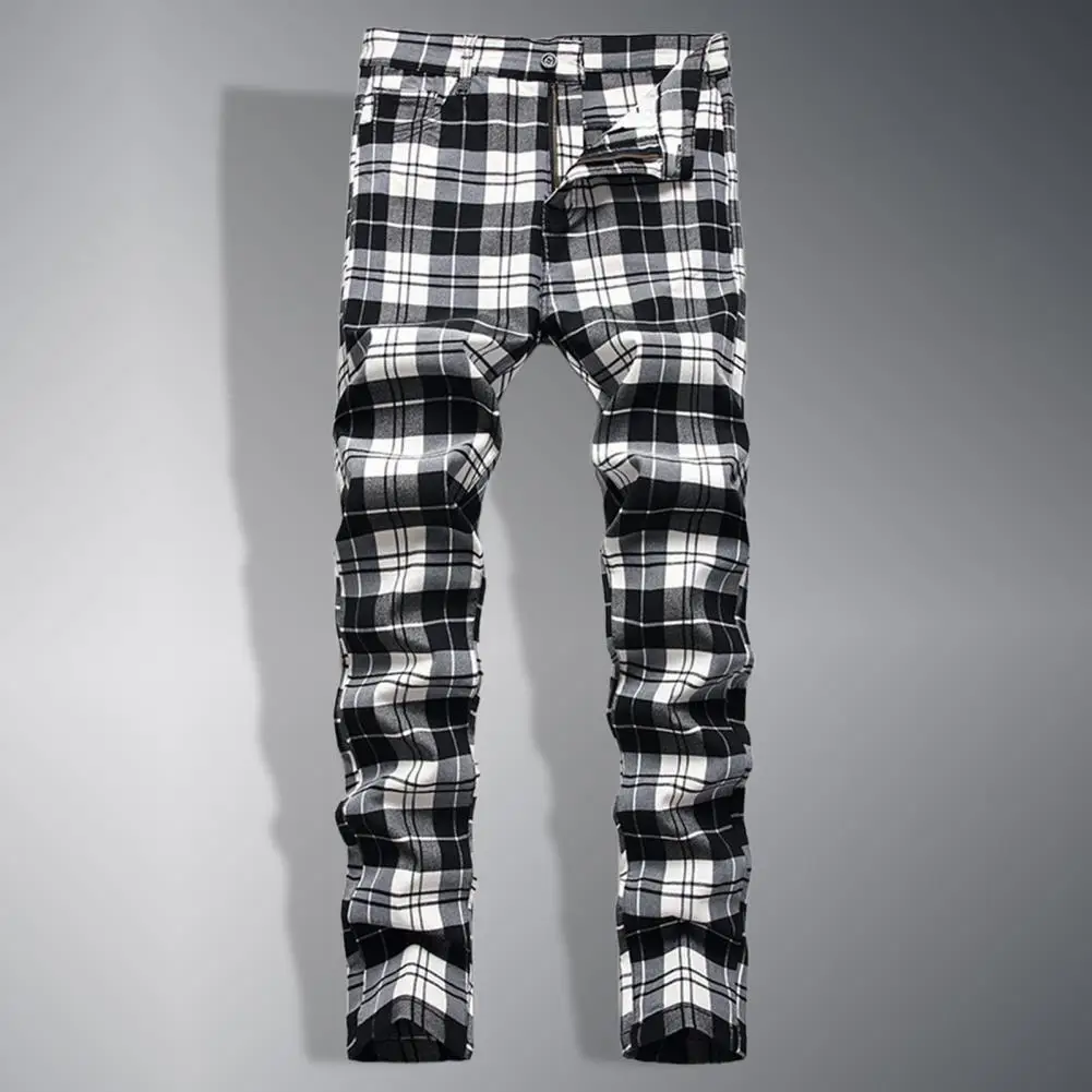 Great Men Casual Trousers Slim Fit All Match Men Red Plaid Printed Pants  Full Length Men Button Zip Trousers for School