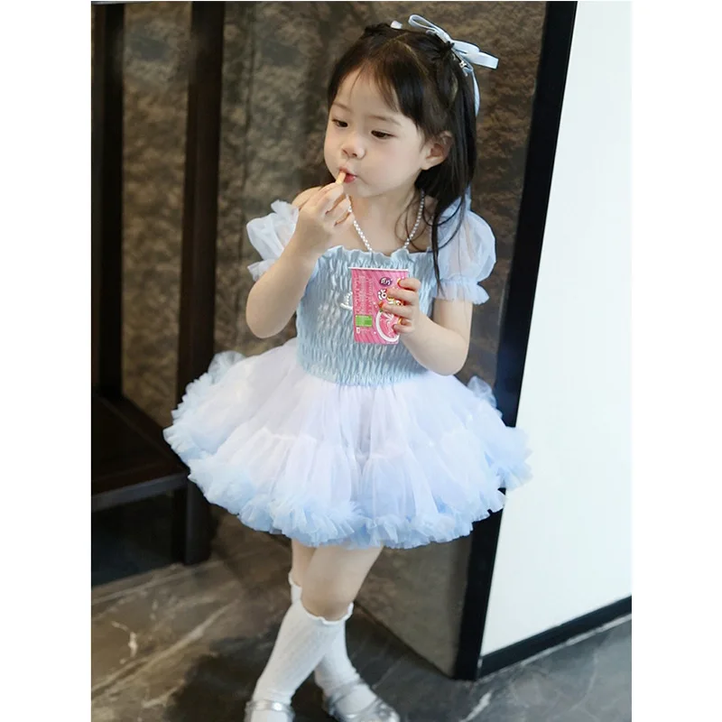 Baby Girl Dress Girls Princess Summer New High-end Unique Puffed Sleeve Puffy Mesh Skirt Children Fashion Dress A-line Skirt