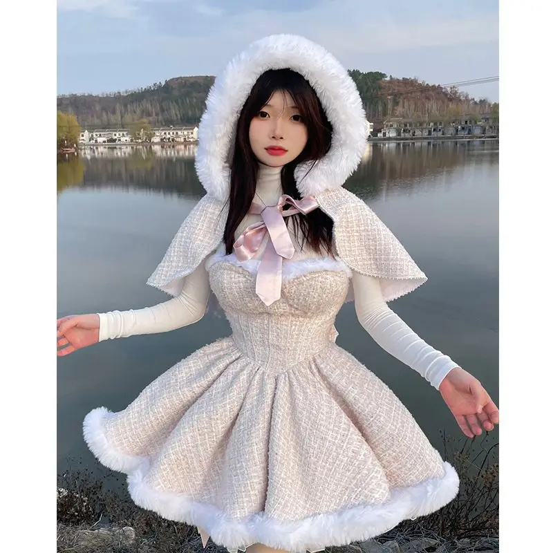 Koreański styl Kawaii nowy 3-częściowy zestaw damski w stylu Retro, patchworkowa sukienka Vintage garnitur damski krótki płaszcz + sukienka na ramiona + jednolite topy