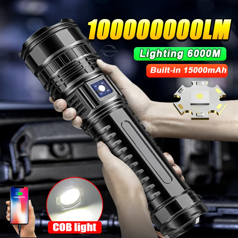 1000000LM Most Powerful Led Flashlight Strong Light Emergency Tactical Flashlight Rechargeable Long Shot 6000M Torch for Hunting