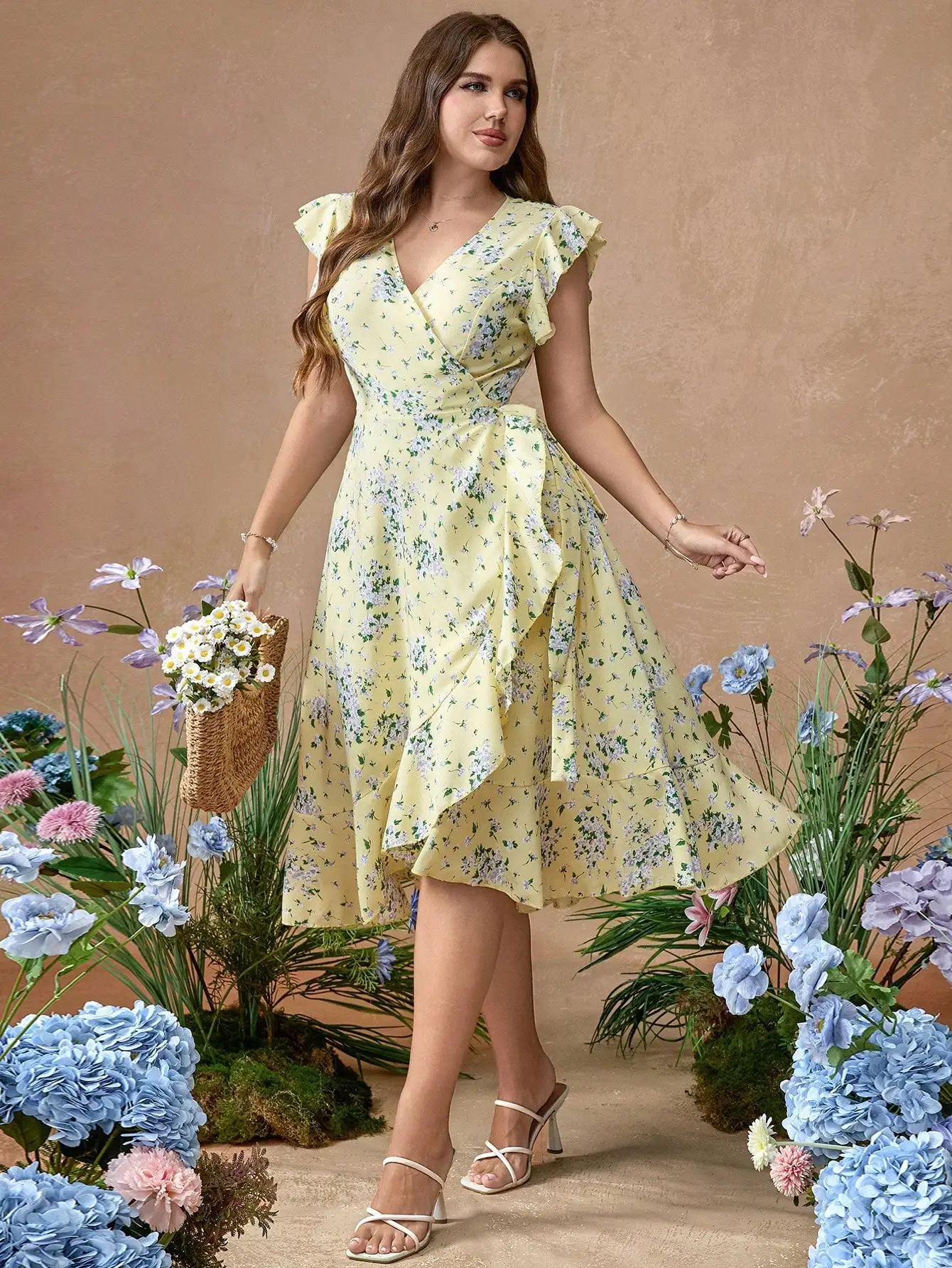 

Floral Wrap Dress With Ruffle Cap Sleeve Cinched Waist Fit And Flare Midi