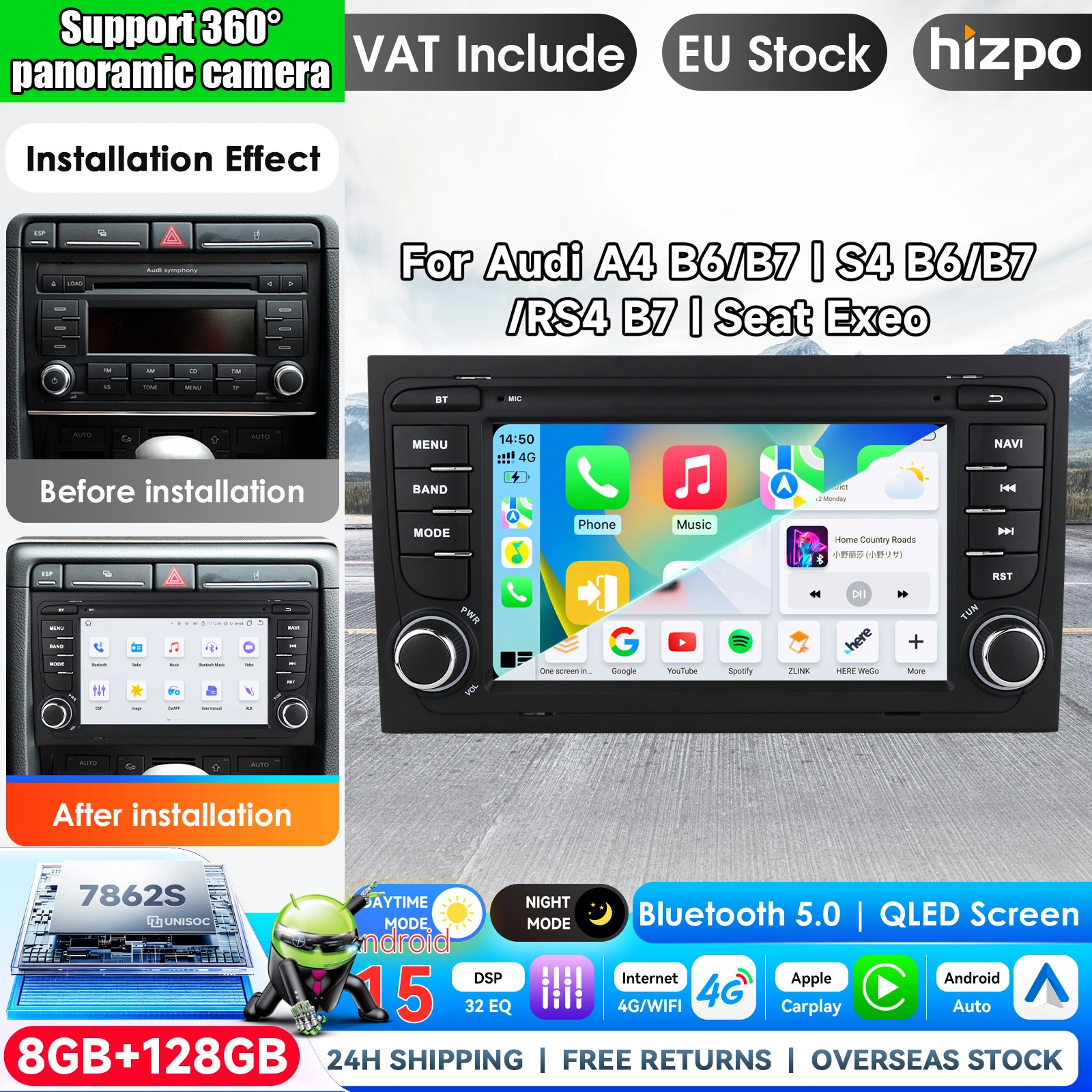 Image of Hizpo 7 Zoll Kabelloses CarPlay Android Auto Autoradio für Audi A4 B6 B7 S4 RS4 2000-2009 Multimedia Kabelloses Apple CarPlay Intelligente Systeme IPS Touchscreen Stereo Videoplayer 2Din Autoradio