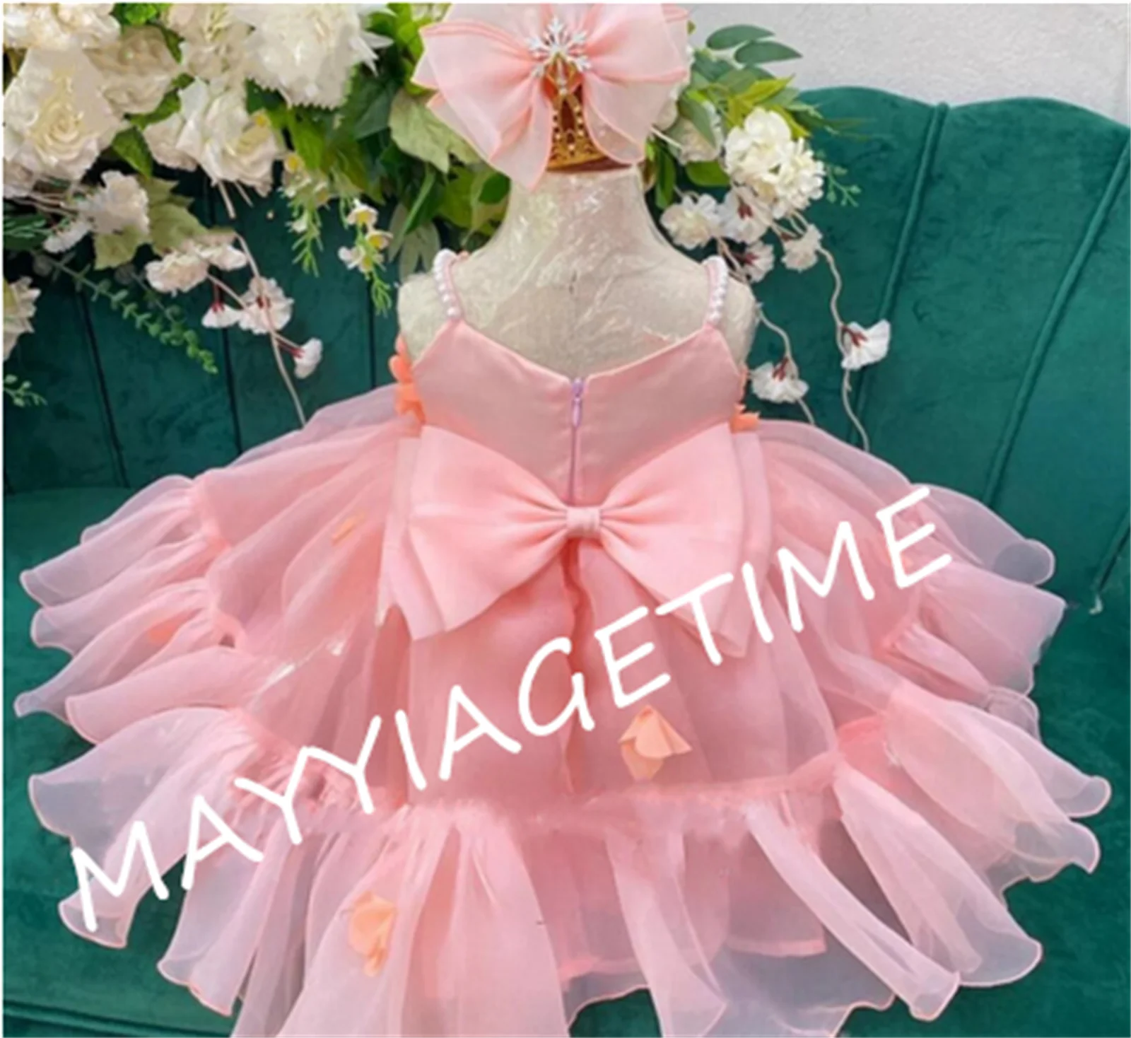 Dusty Rose Baby Girl Dresses Floral Tiered Organza Kids First Birthday Party Dress Ball Gown Celebrity Dresses with Bow