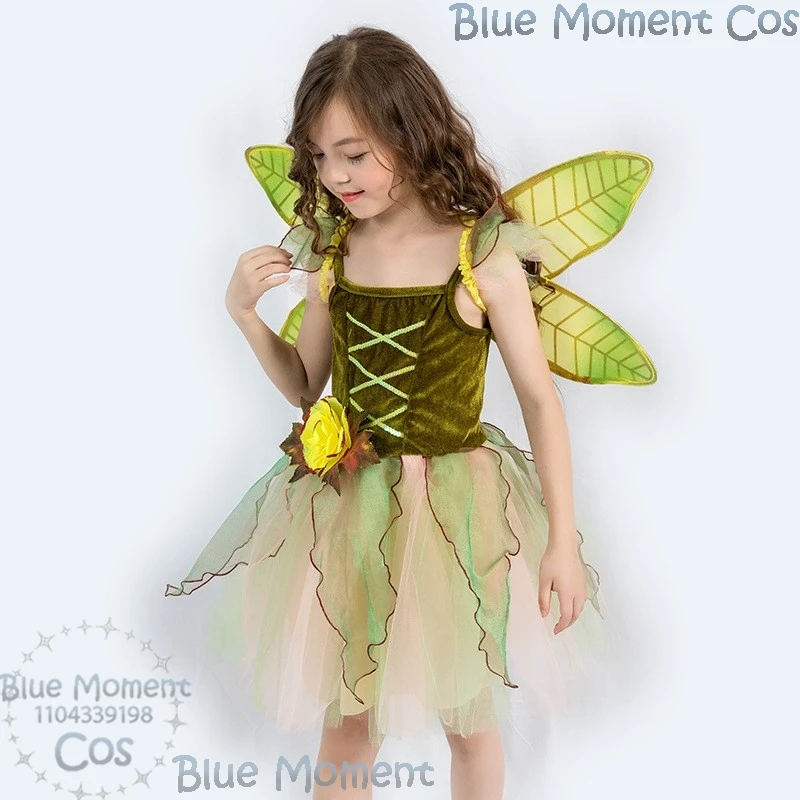 Green Fairy Dress Cosplay Costume Outfit Fantasy Uniform Wing Skirt Halloween Carnival Suit Kids Child 90-150CM Size Roleplay