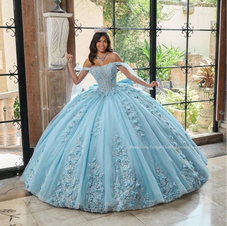 Sky Blue Lace Applique Mexican vestidos de 15 Quinceañera 2024 Sparkling One Shoulder Sweetheart A-line Prom Dress فساتين سهرة