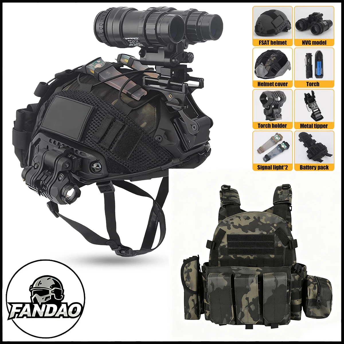 Tactical Helmet Set with Binocular NVG Model Torch CS Outdoor Paintball Game Fast Camouflage Airsoft Vest Military Fan Equipment