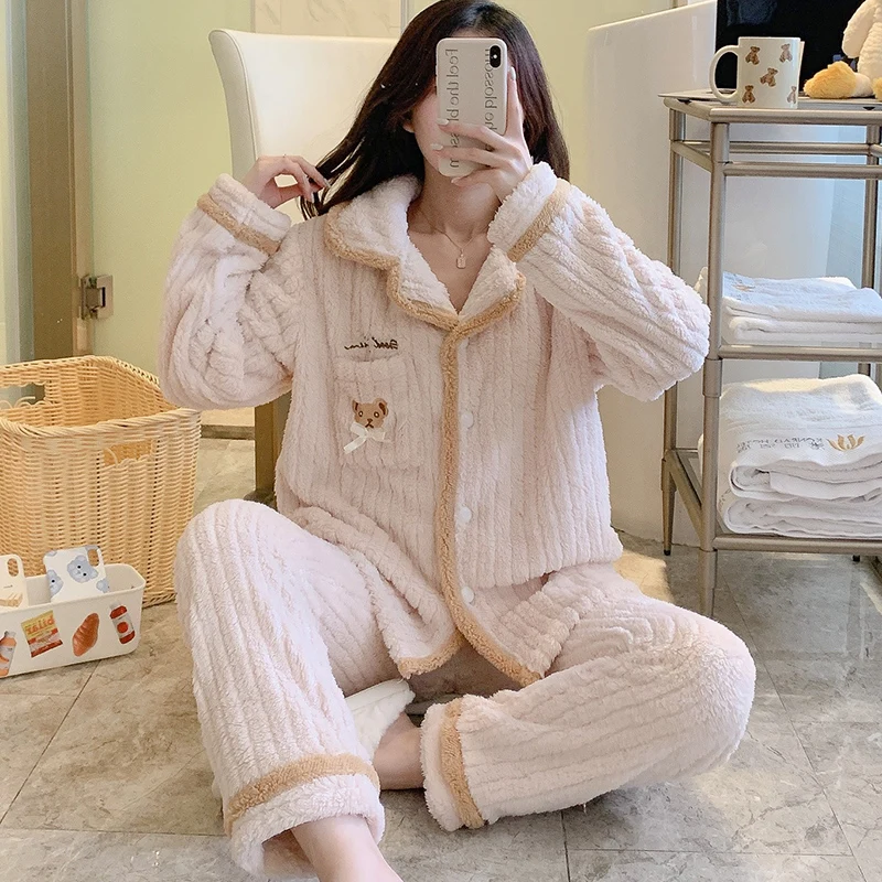 2pc Plus Velvet Pajamas Women Winter Flannel Long-Sleeved Thickening Coral Fleece Cute Autumn And Winter Home Service Suit Women