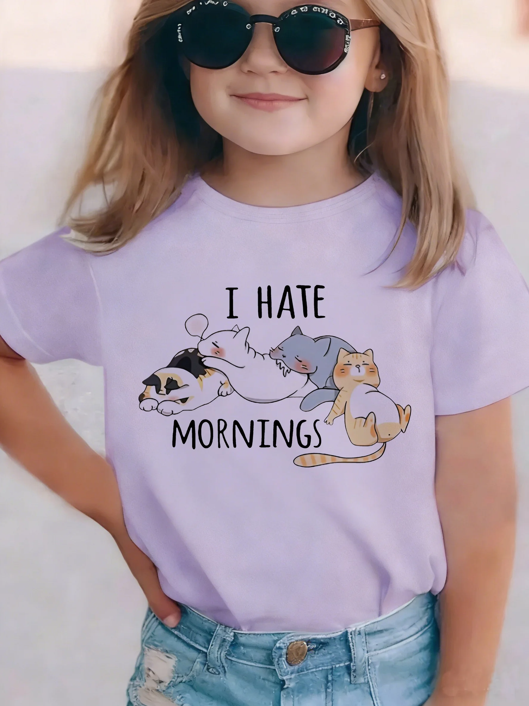 Sommer Frühling Kinder-T-Shirt mit Aufdruck „I Hate Morning Cat“ für Kinder, Jungen und Mädchen, lässiges Top-T-Shirt