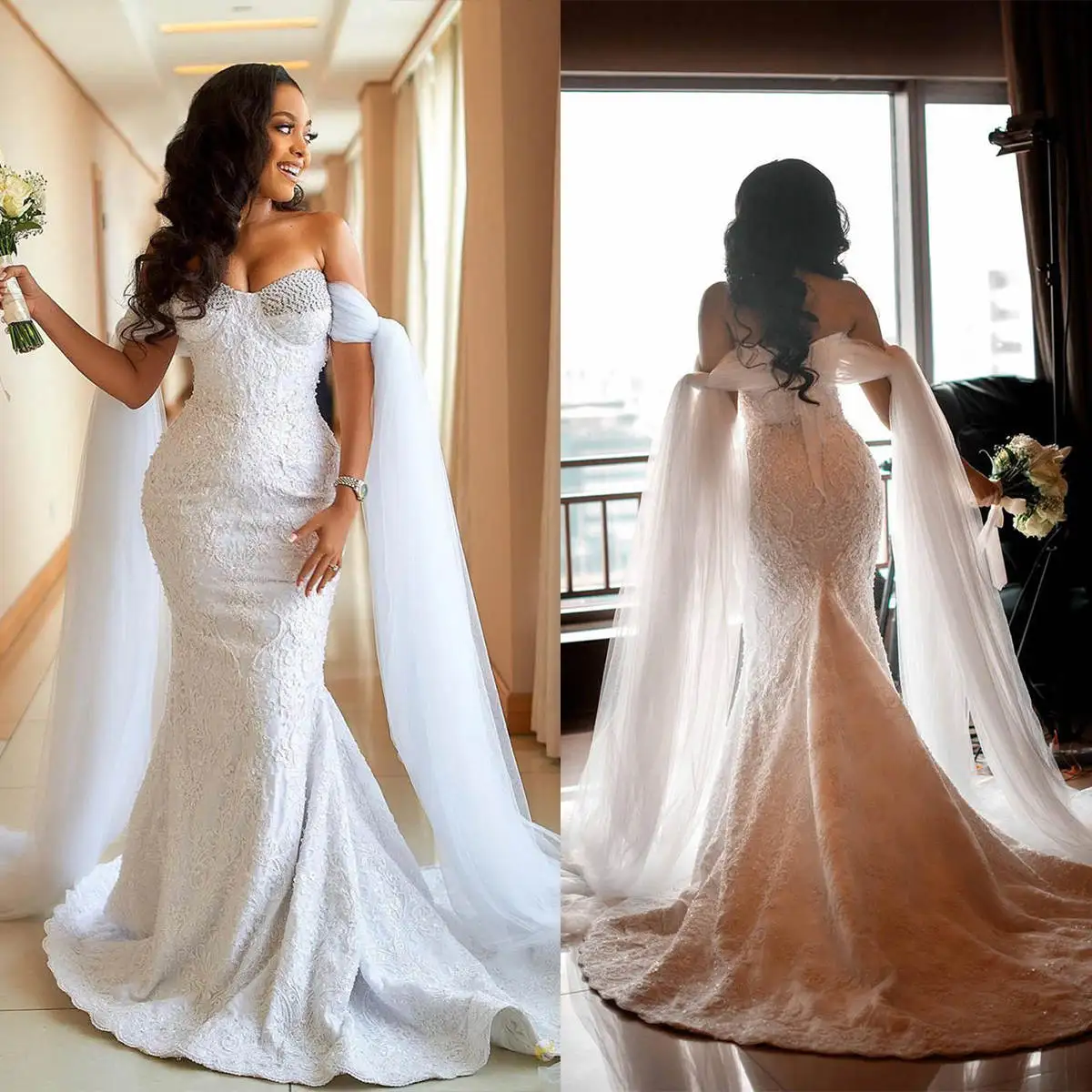 

Elegant Mermaid Bridal Gowns Strapless Wedding Dress Appliques Lace Up Sweep Train Custom Made Vestido de novia Plus Size