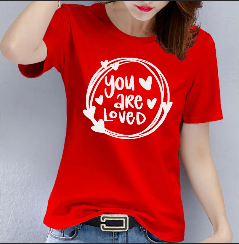 

COTTON 100% Europe and United States Plus Size Valentine's Day Girls Short Sleeve You Are Loved Letter Printed T-shirt Oversized