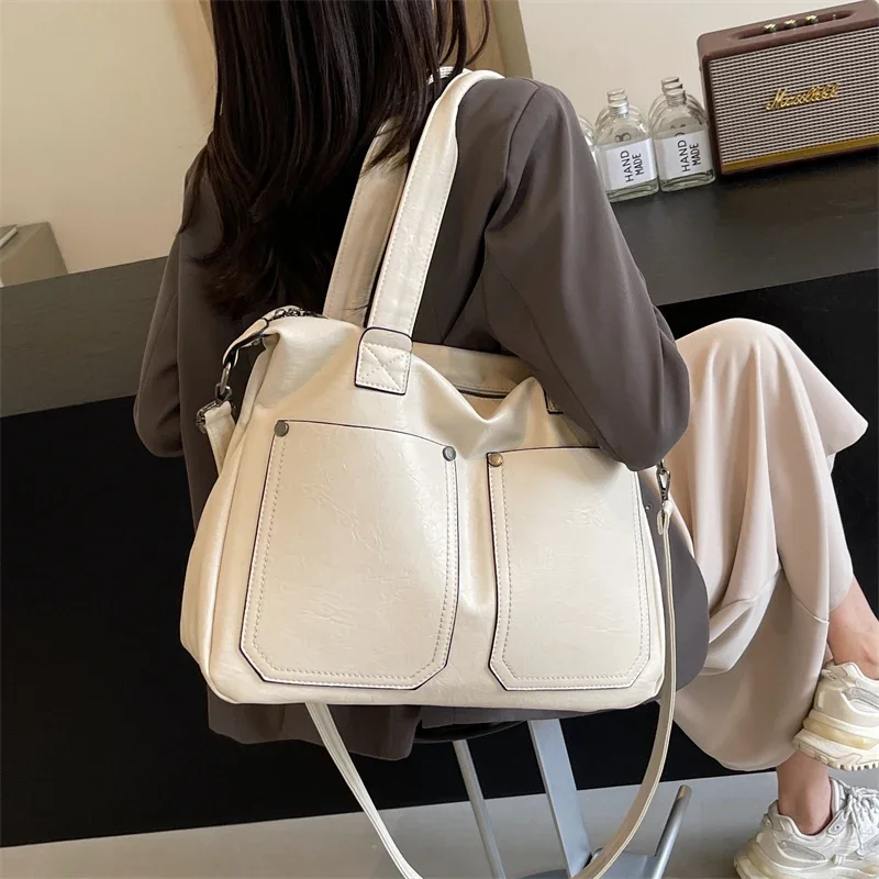 

2025 Large Capacity Shoulder Bags For Women Large Shopper Bag Solid Color Soft Leather Crossbody Handbags Lady Travel Tote Bags