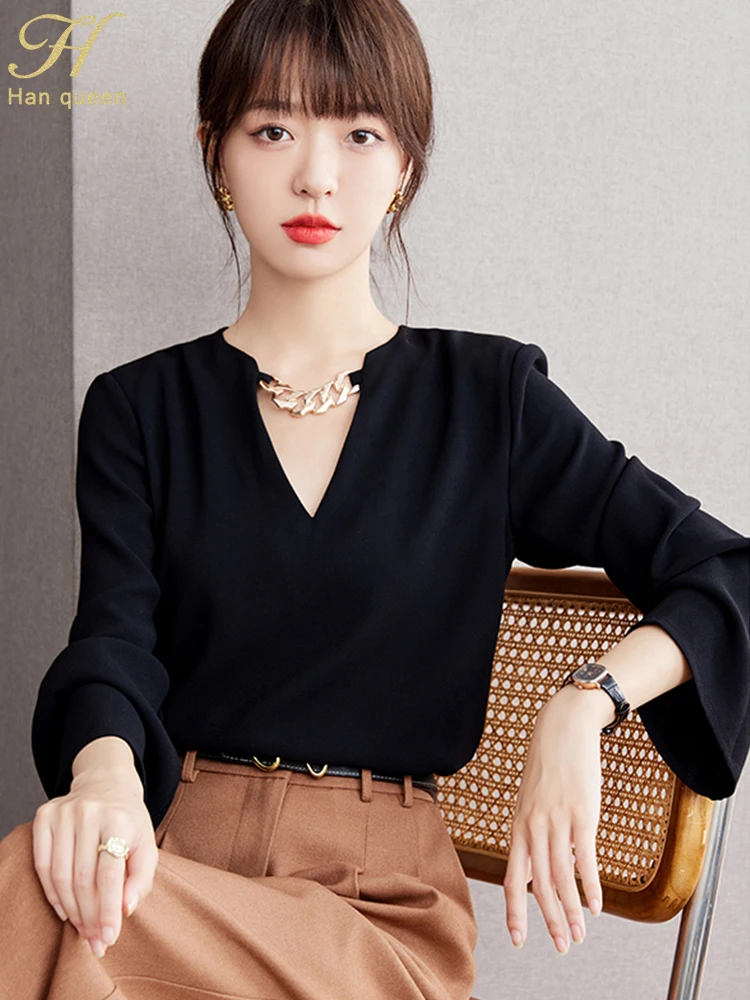 H Han Queen New 2024 Autumn Loose Long Sleeve Chiffon Blouse Work Casual Tops Simple Basic Blouses Women\'s Black Vintage Shirt