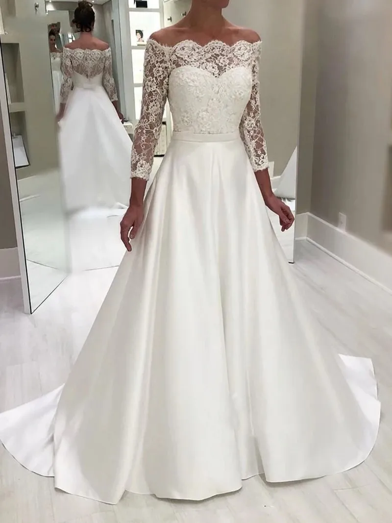 

Satin Lace Boho Wedding Dresses Off The Shoulder A-line Bridal Gowns 3/4 Sleeves