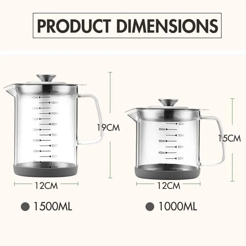 1000/1500ML Glass Fat Separator, Oil/Grease Storage Container/Keeper with Fine Strainer & Dust-proof lid - Kitchen Tools