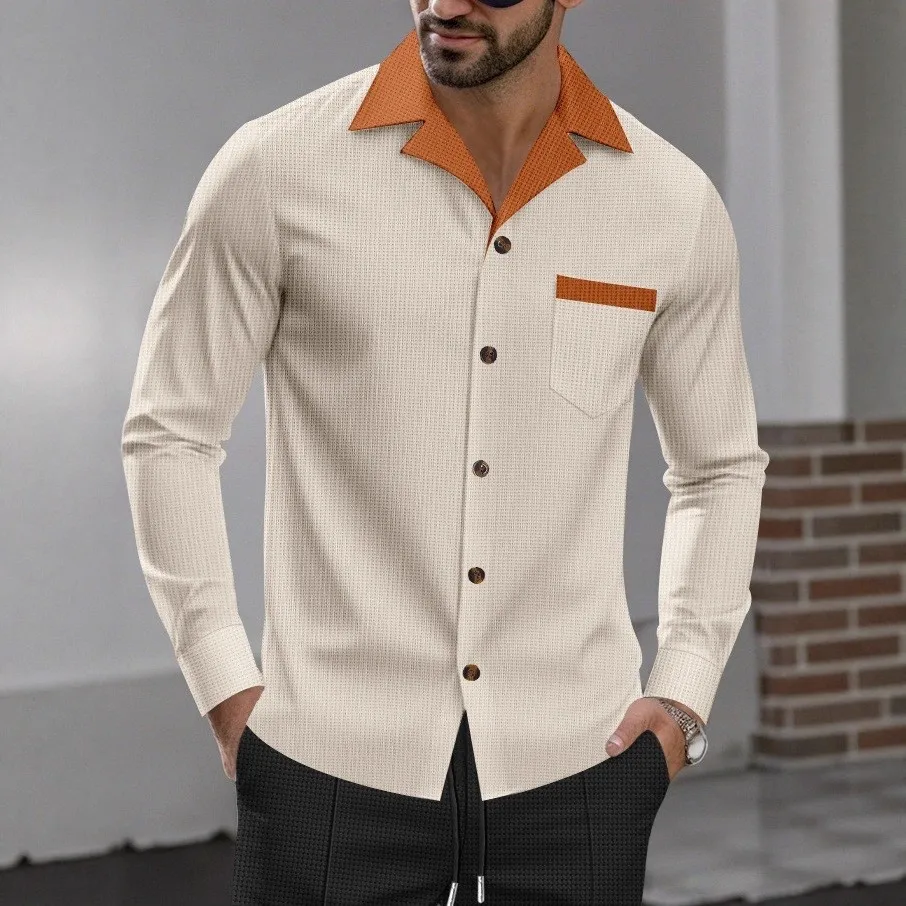 Spring Autumn Men's Casual Retro Street Long-Sleeved Shirt - Color-matched Collar and Pockets, Fashionable Loose Top