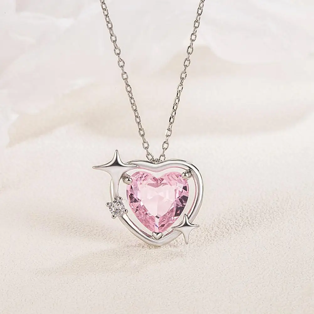 Korean Fashion Pink Crystal Heart Pendant Necklace Silver Color Chain Neck Necklace for Women Moonstone Clavicle Chain Chocker