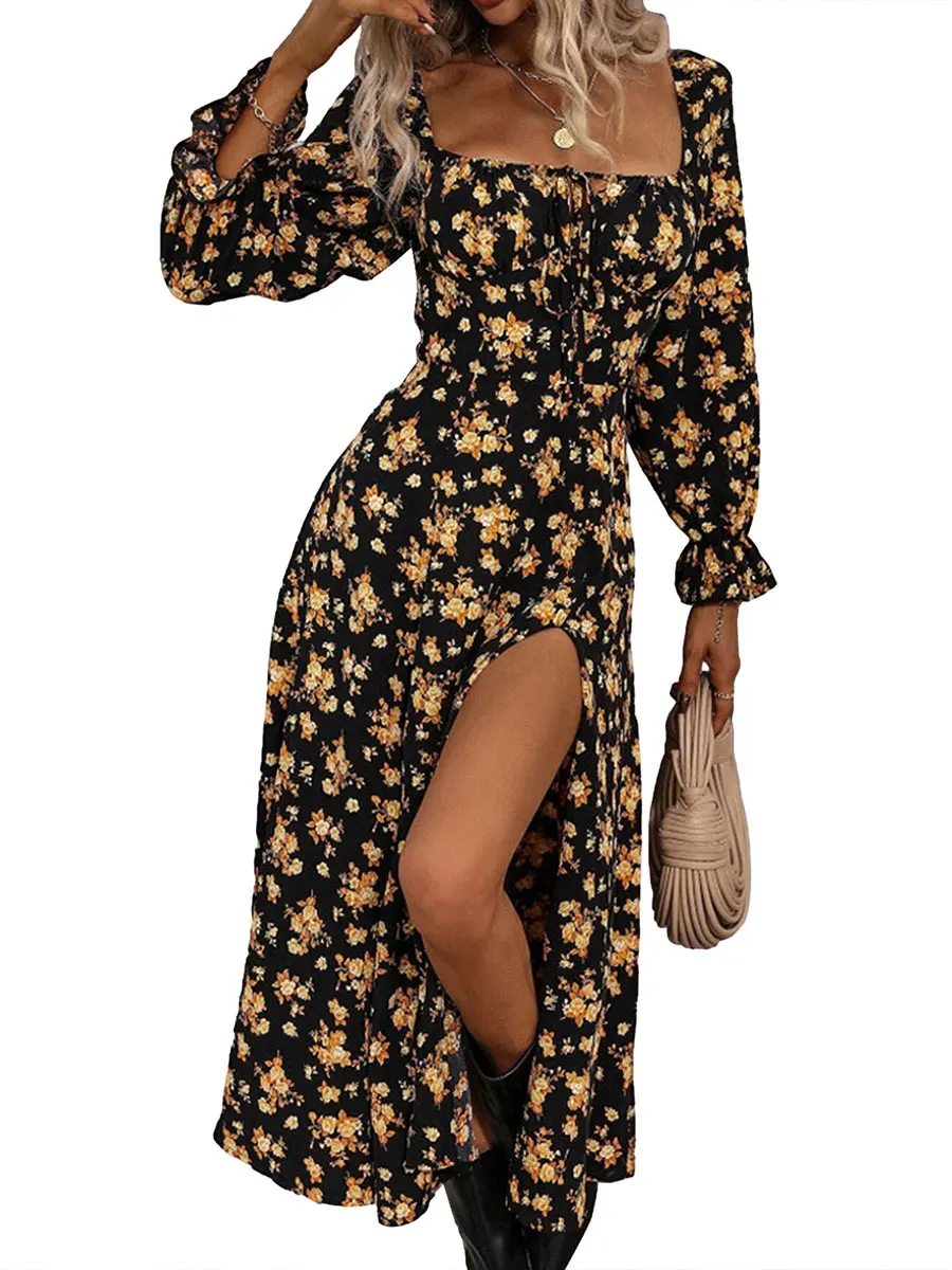 Dames Bohemian Off Shoulder Jurk Lange Mouw Vierkante Hals Bloemen Ruches Swing A Line Strand Maxi Jurk