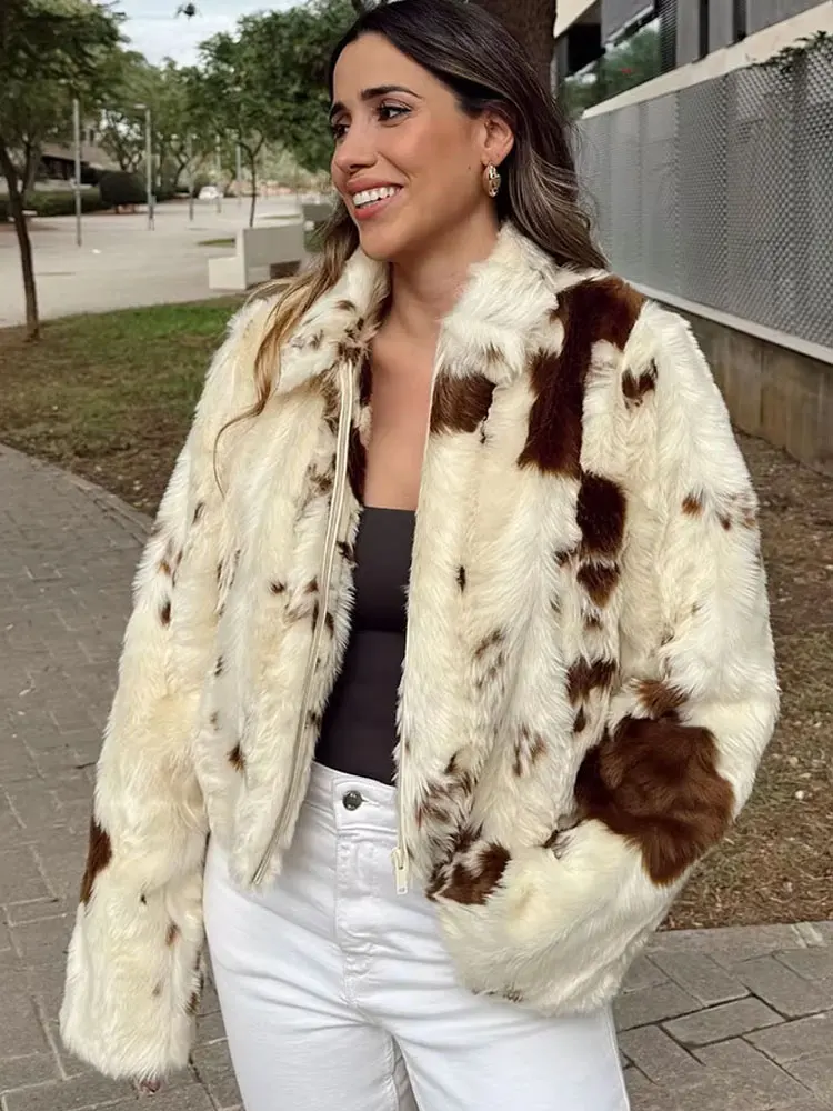 

HH 2024 Winter Fashion Faux Fur Coats For Women Long Sleeves Print Side Pockets Zipper Fly Turn-Down Collar Causal Jackets