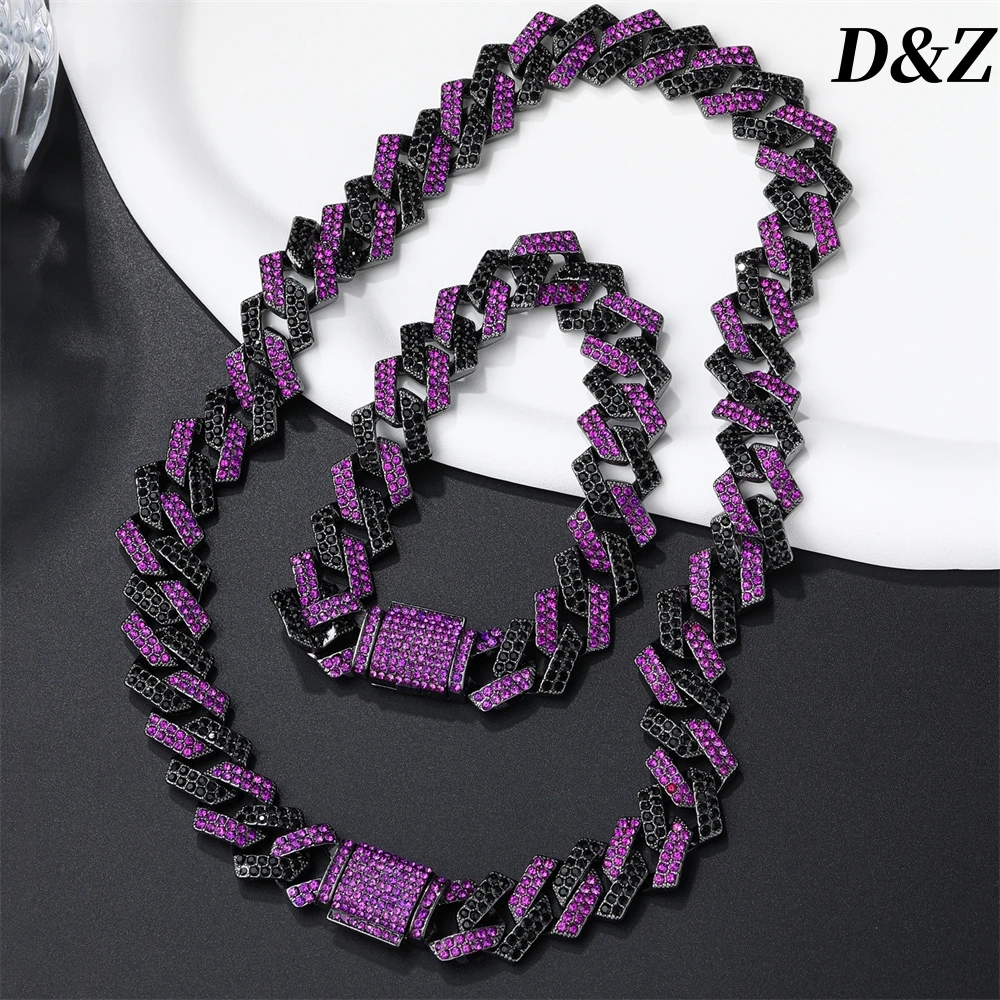 

D&Z Hip Pop Dark Purple Color Iced Out CZ Stones Rhombus Prong Cuban Chain Necklace Bracelet For Men Women Rapper Jewelry Set