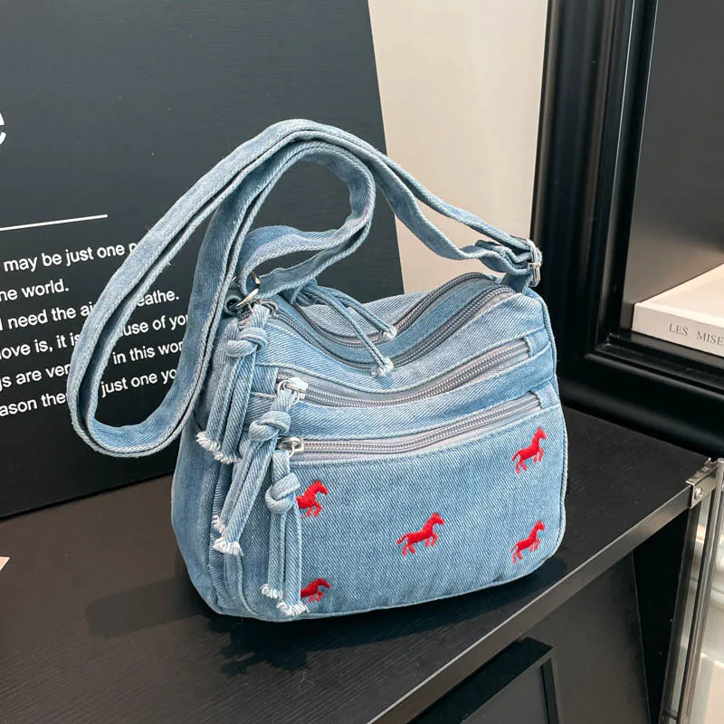 

2026 Year of the Horse Denim Bag for Women Embroidered Horse Pattern Shoulder Bag Multi-pocket Casual Crossbody Purse for Daily
