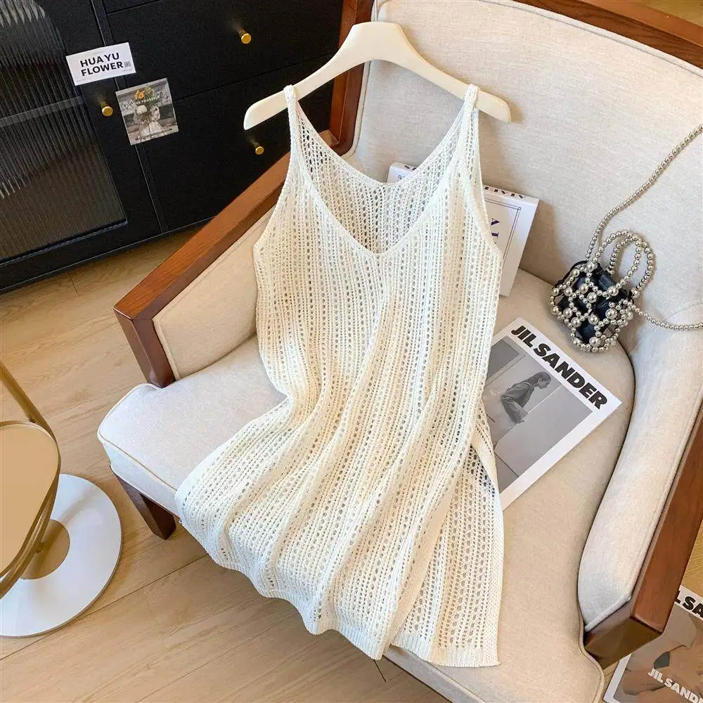Hollow Out Women's Sling Dress 2026 Summer New Gentle Style Personalized Midi Dresses Thin Casual Loose Outing Pullover Tops